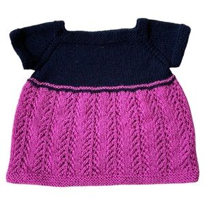 WOOL Handmade Dress Skirt Top Hand Knit Short Sleeve Purple Blue 12